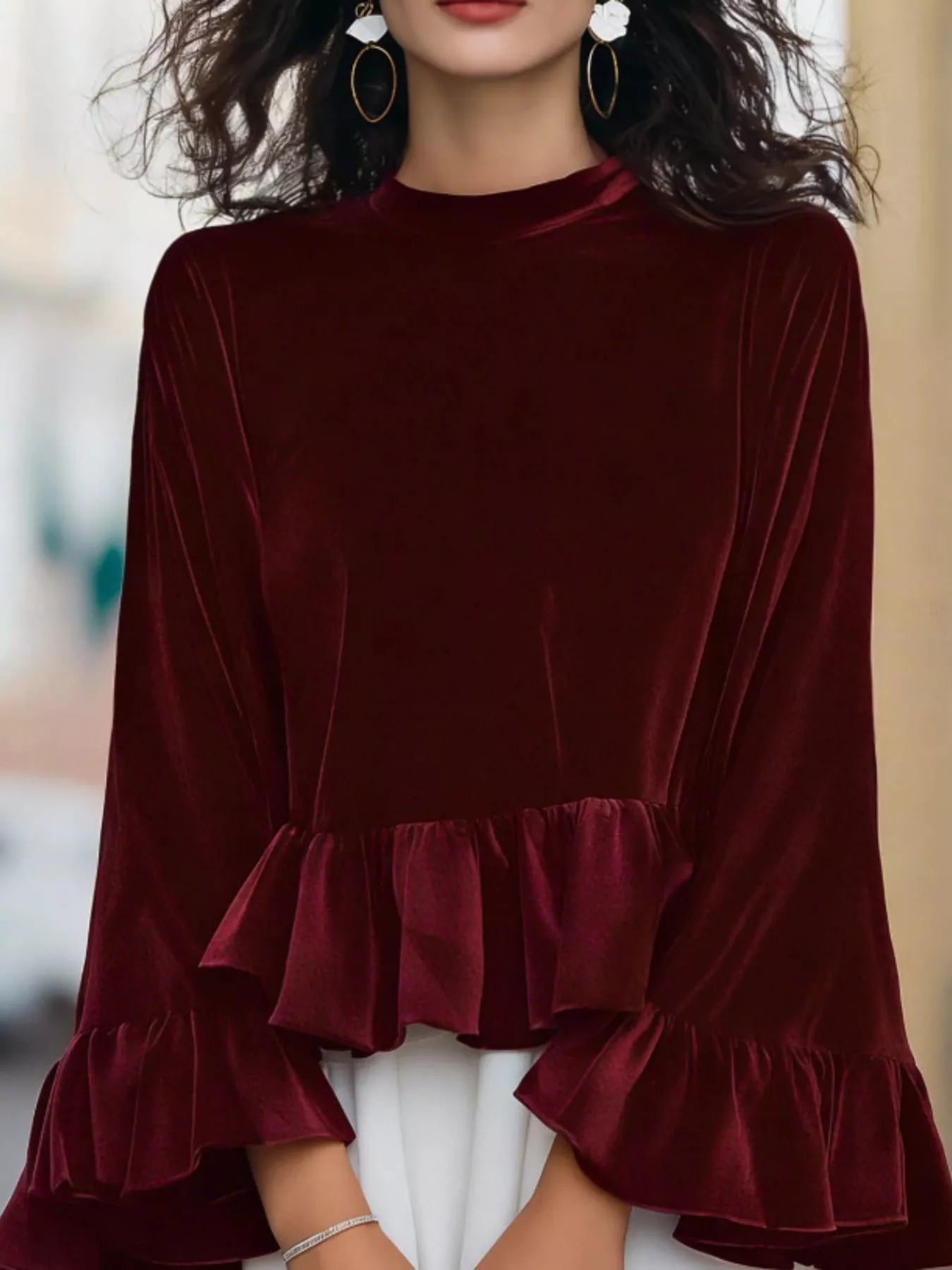 Velvet Ruffle Hem Blouse
