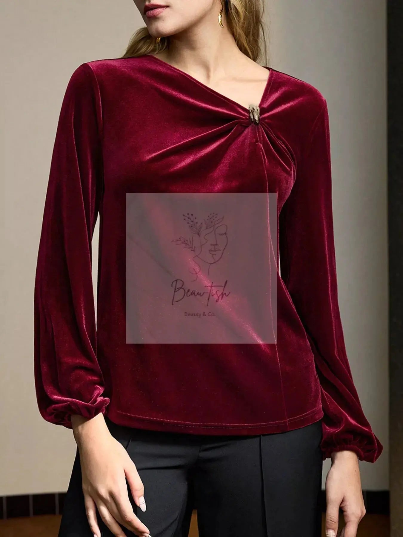 Velvet Twist-Front Long Sleeve Blouse