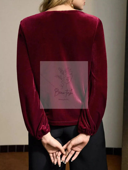 Velvet Twist-Front Long Sleeve Blouse
