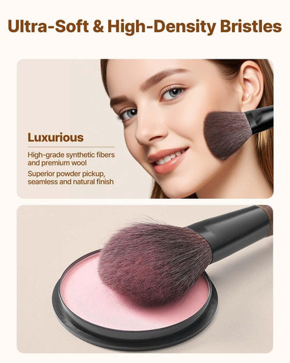 VEVOR 9-Piece Makeup Brush Set with Soft Natural Wool & Vegan Synthetic Bristles, Ergonomic Wood Handle, Travel-Friendly Storage Bag