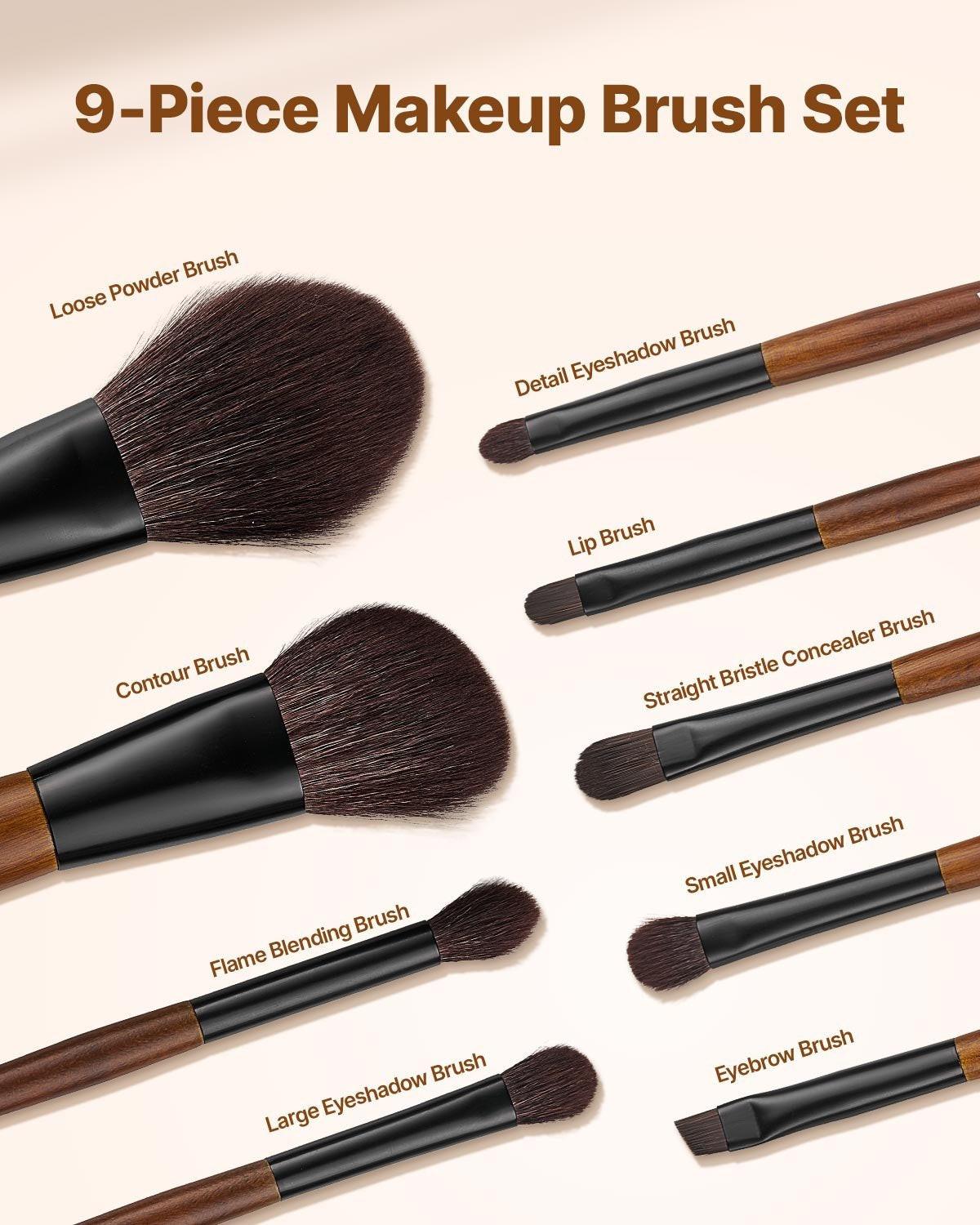 VEVOR 9-Piece Makeup Brush Set with Soft Natural Wool & Vegan Synthetic Bristles, Ergonomic Wood Handle, Travel-Friendly Storage Bag