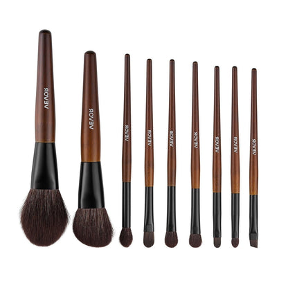 VEVOR 9-Piece Makeup Brush Set with Soft Natural Wool & Vegan Synthetic Bristles, Ergonomic Wood Handle, Travel-Friendly Storage Bag
