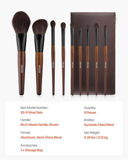 VEVOR 9-Piece Makeup Brush Set with Soft Natural Wool & Vegan Synthetic Bristles, Ergonomic Wood Handle, Travel-Friendly Storage Bag
