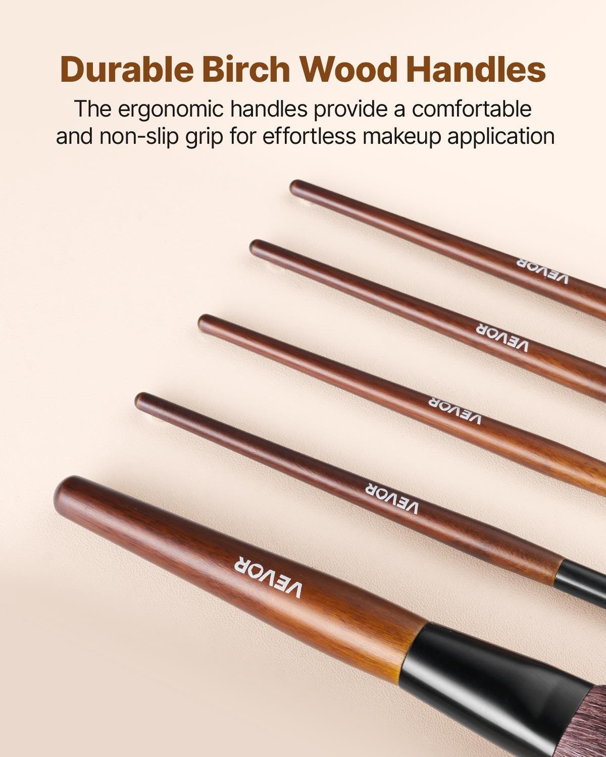 VEVOR 9-Piece Makeup Brush Set with Soft Natural Wool & Vegan Synthetic Bristles, Ergonomic Wood Handle, Travel-Friendly Storage Bag