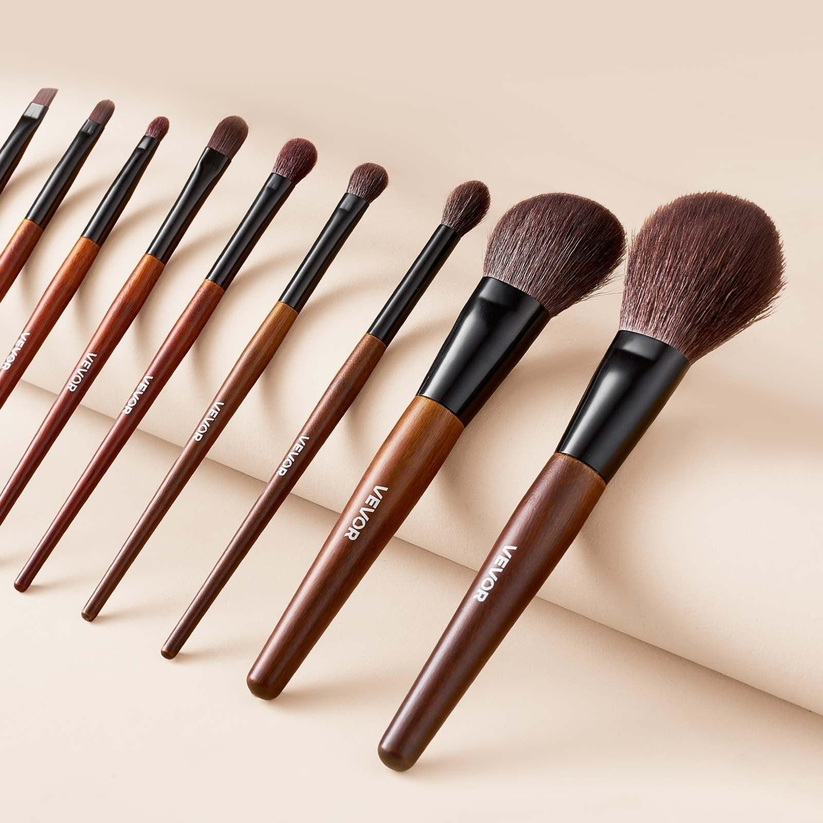 VEVOR 9-Piece Makeup Brush Set with Soft Natural Wool & Vegan Synthetic Bristles, Ergonomic Wood Handle, Travel-Friendly Storage Bag