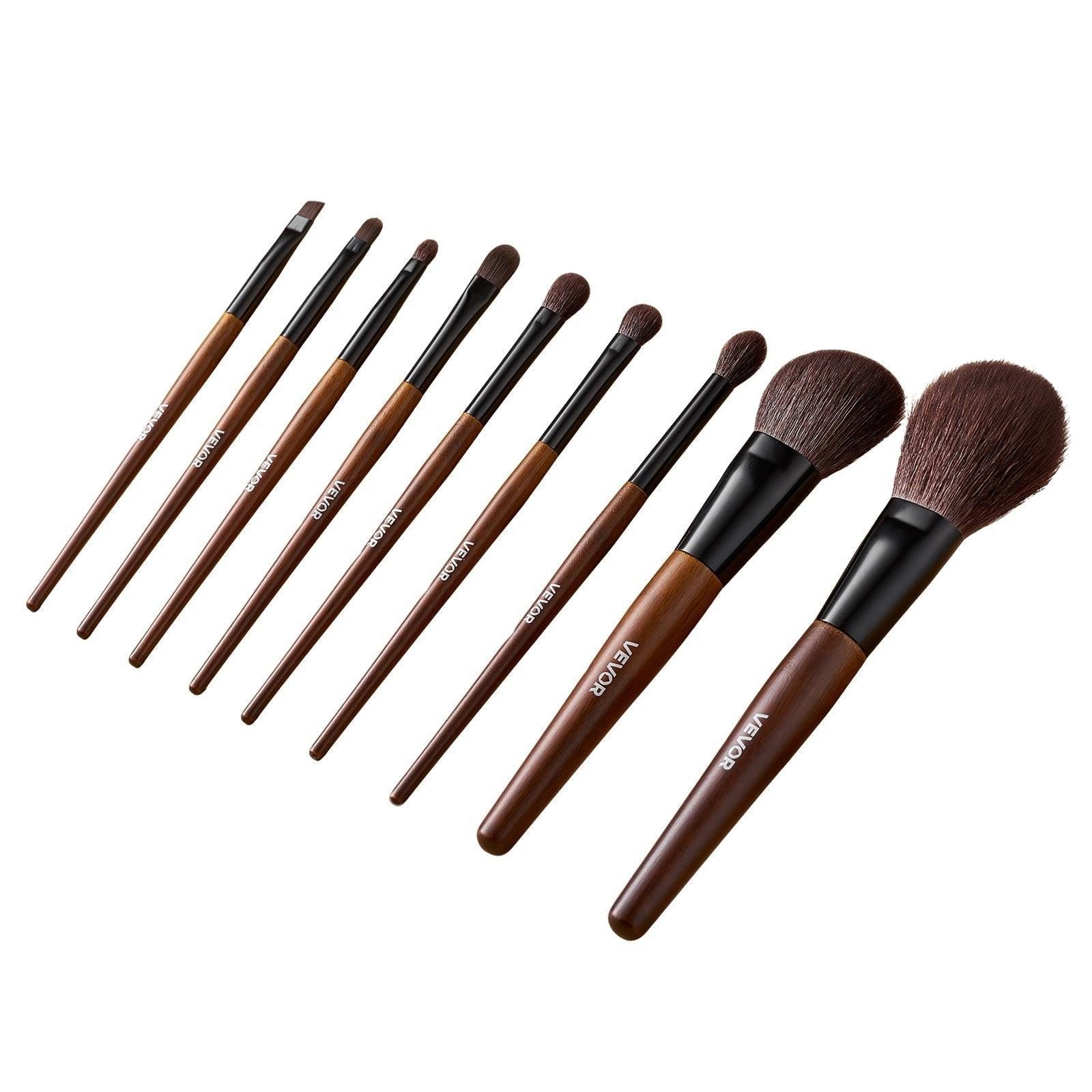 VEVOR 9-Piece Makeup Brush Set with Soft Natural Wool & Vegan Synthetic Bristles, Ergonomic Wood Handle, Travel-Friendly Storage Bag