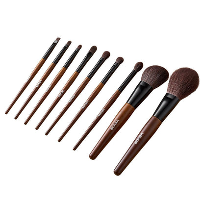 VEVOR 9-Piece Makeup Brush Set with Soft Natural Wool & Vegan Synthetic Bristles, Ergonomic Wood Handle, Travel-Friendly Storage Bag