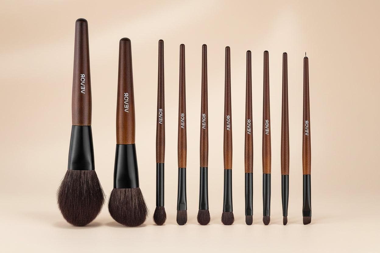 VEVOR 9-Piece Makeup Brush Set with Soft Natural Wool & Vegan Synthetic Bristles, Ergonomic Wood Handle, Travel-Friendly Storage Bag