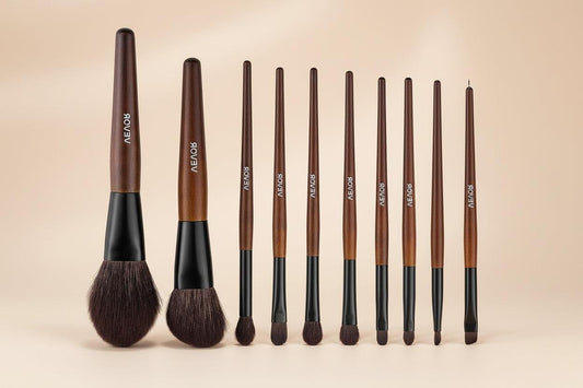 VEVOR 9-Piece Makeup Brush Set with Soft Natural Wool & Vegan Synthetic Bristles, Ergonomic Wood Handle, Travel-Friendly Storage Bag