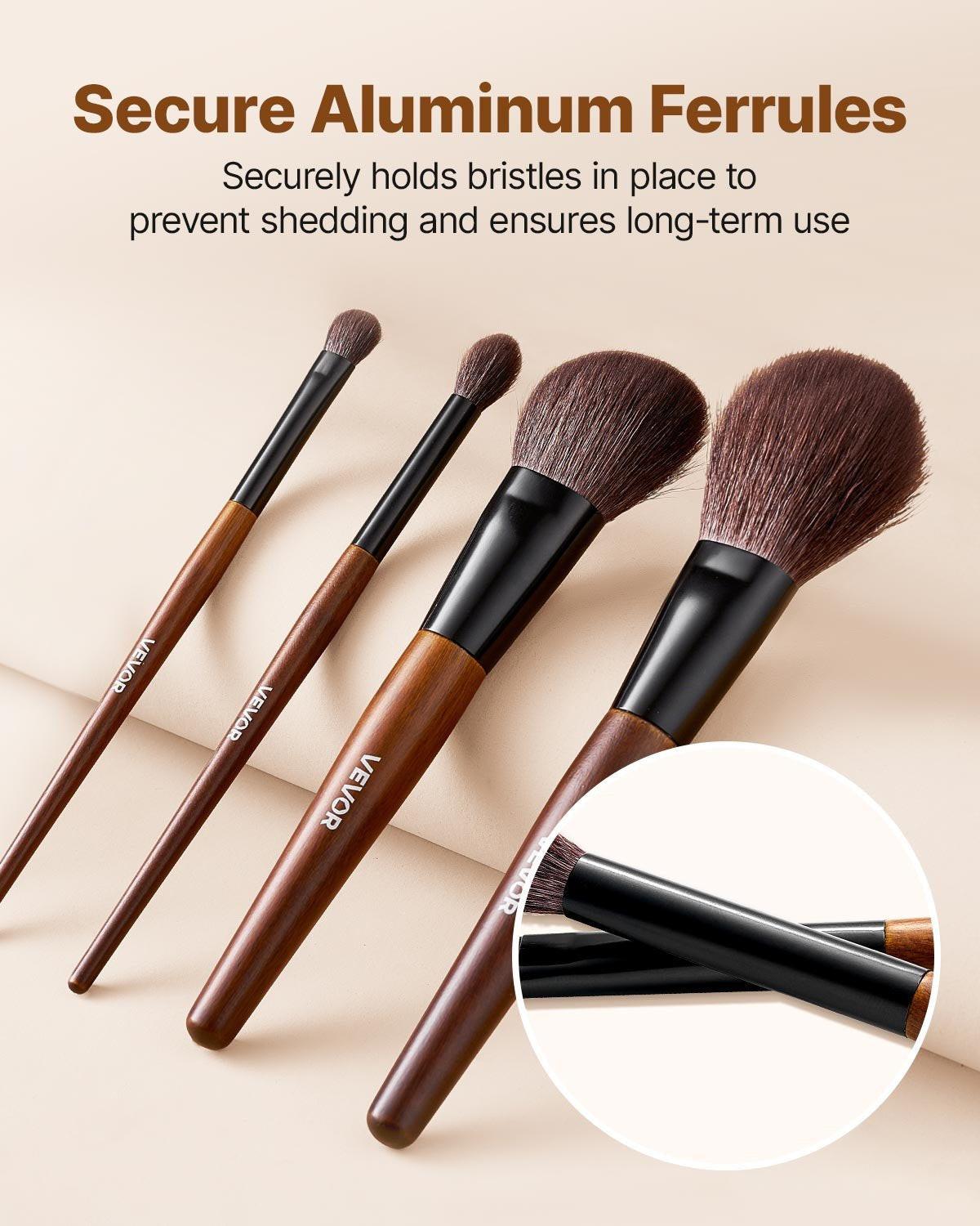 VEVOR 9-Piece Makeup Brush Set with Soft Natural Wool & Vegan Synthetic Bristles, Ergonomic Wood Handle, Travel-Friendly Storage Bag