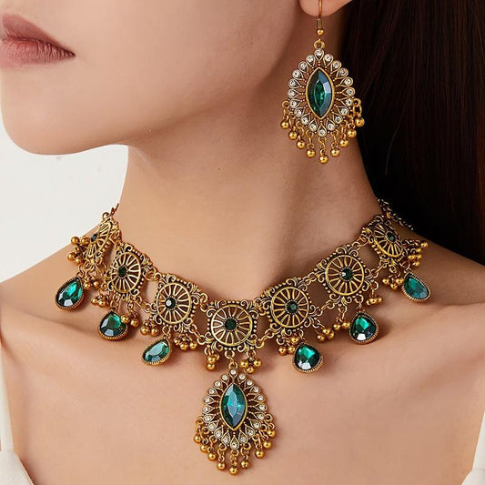 Vintage Hollow Drop Tassel Jewelry Set - Exaggerated Necklace & Earrings - Middle Eastern Ethnic Style