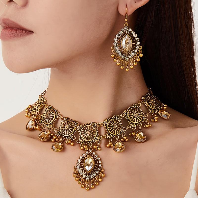 Vintage Hollow Drop Tassel Jewelry Set - Exaggerated Necklace & Earrings - Middle Eastern Ethnic Style