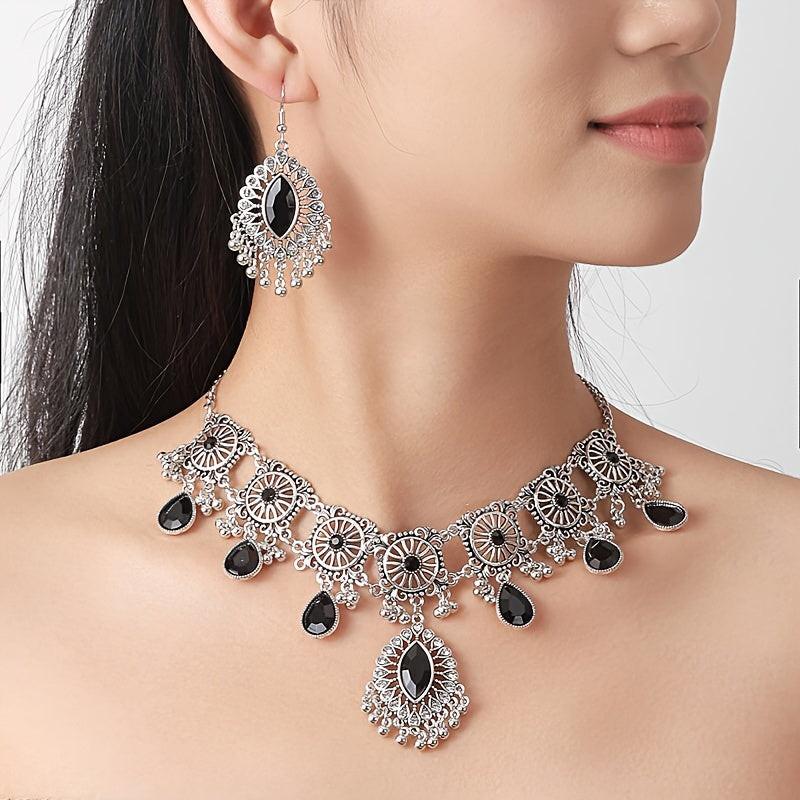 Vintage Hollow Drop Tassel Jewelry Set - Exaggerated Necklace & Earrings - Middle Eastern Ethnic Style