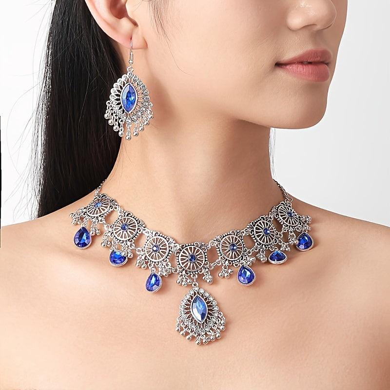 Vintage Hollow Drop Tassel Jewelry Set - Exaggerated Necklace & Earrings - Middle Eastern Ethnic Style