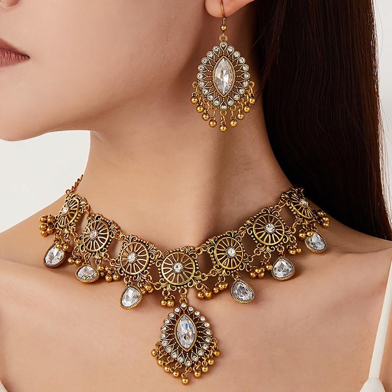 Vintage Hollow Drop Tassel Jewelry Set - Exaggerated Necklace & Earrings - Middle Eastern Ethnic Style