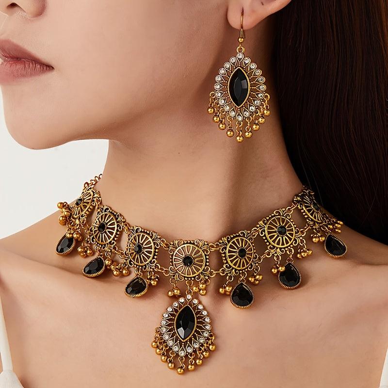 Vintage Hollow Drop Tassel Jewelry Set - Exaggerated Necklace & Earrings - Middle Eastern Ethnic Style