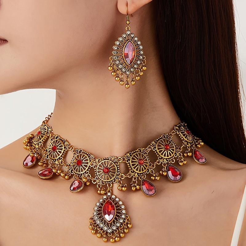 Vintage Hollow Drop Tassel Jewelry Set - Exaggerated Necklace & Earrings - Middle Eastern Ethnic Style
