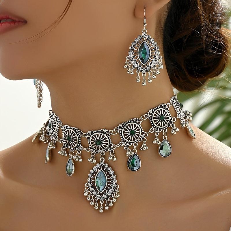 Vintage Hollow Drop Tassel Jewelry Set - Exaggerated Necklace & Earrings - Middle Eastern Ethnic Style