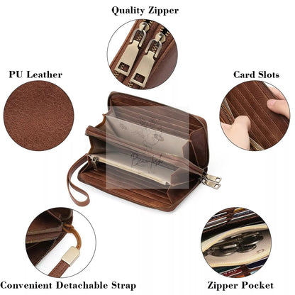 Vintage Style Double Zipper Leather Wallet