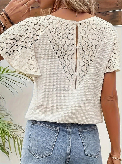Waffle Knit Lace Sleeve V-Neck Blouse