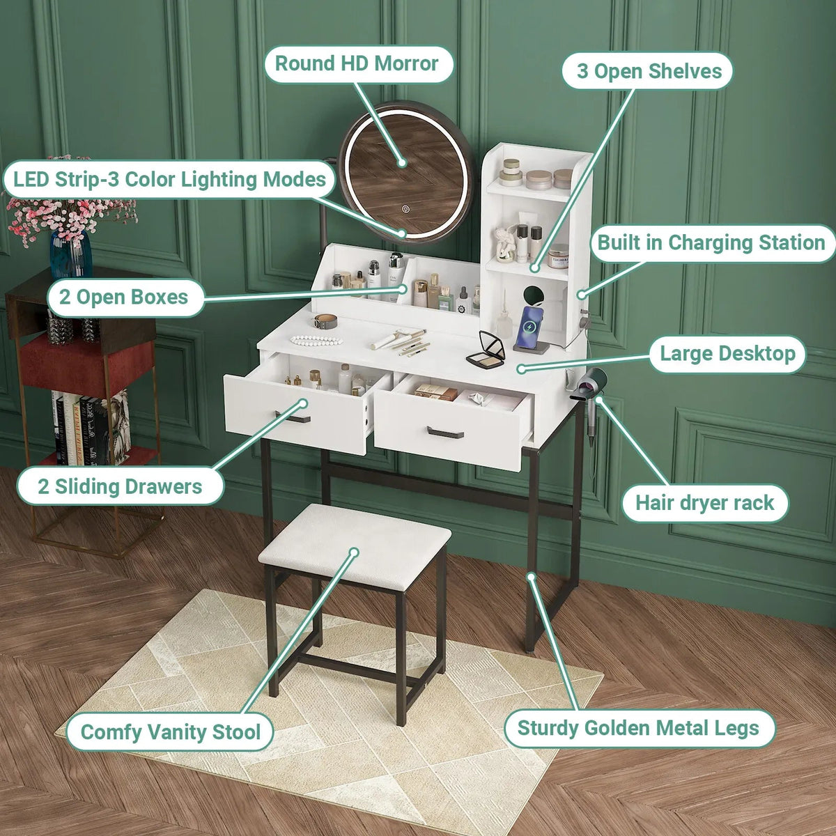 White & Black Dressing Table Stool Set with LED Lights and Charging Station – 80 x 136cm