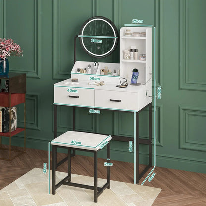 White & Black Dressing Table Stool Set with LED Lights and Charging Station – 80 x 136cm