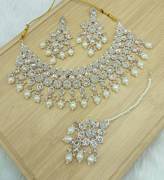 White Stone Bridal Necklace Set Gold Plated Ethnic Indian Jewelry With Maang Tikka