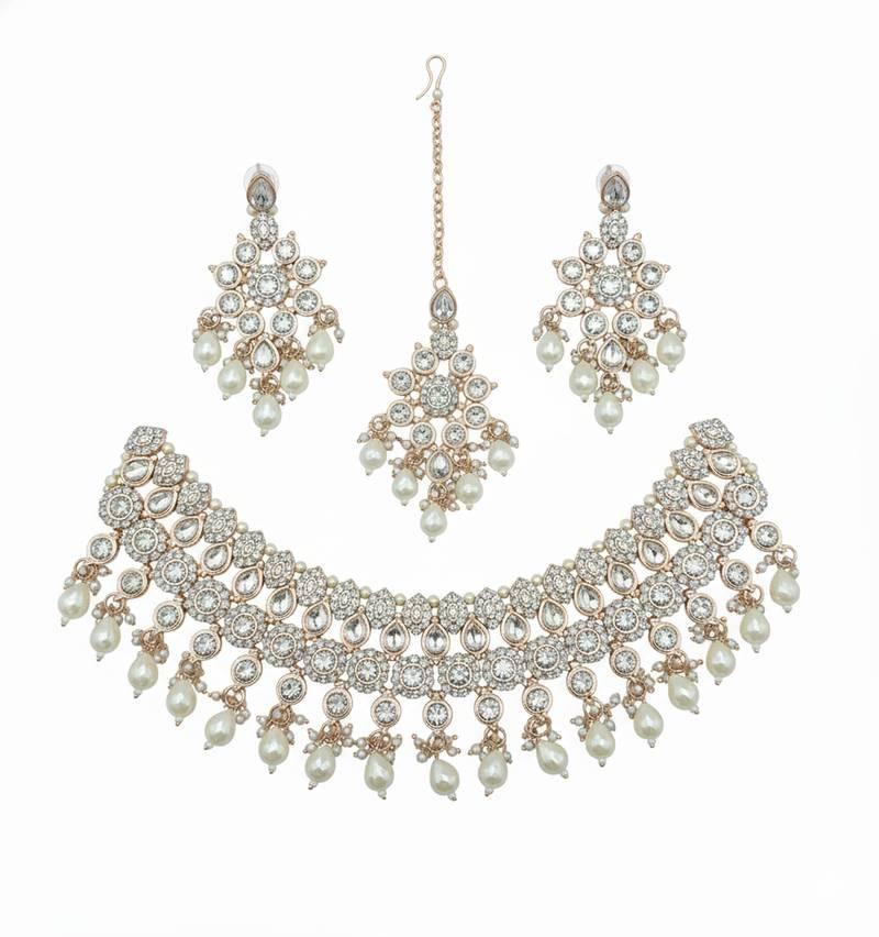 White Stone Bridal Necklace Set Gold Plated Ethnic Indian Jewelry With Maang Tikka