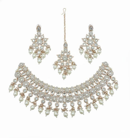White Stone Bridal Necklace Set Gold Plated Ethnic Indian Jewelry With Maang Tikka