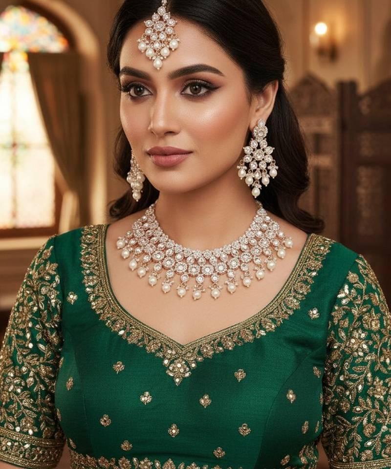 White Stone Bridal Necklace Set Gold Plated Ethnic Indian Jewelry With Maang Tikka