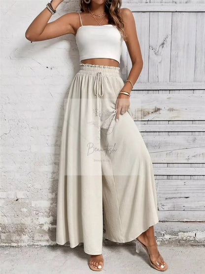 Wide Leg Drawstring Waist Casual Pants