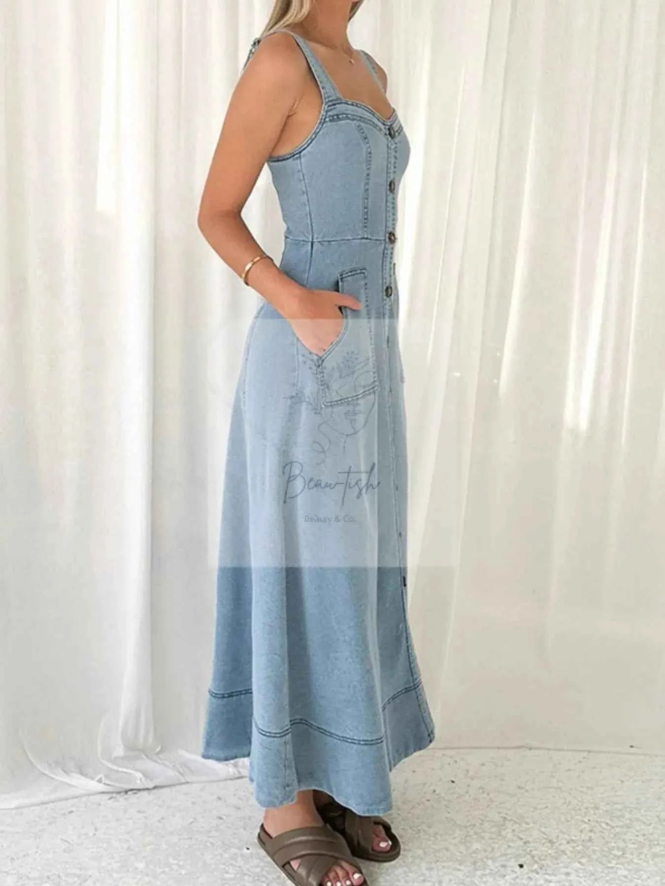 Wide Strap Sweetheart Neck Denim Dress