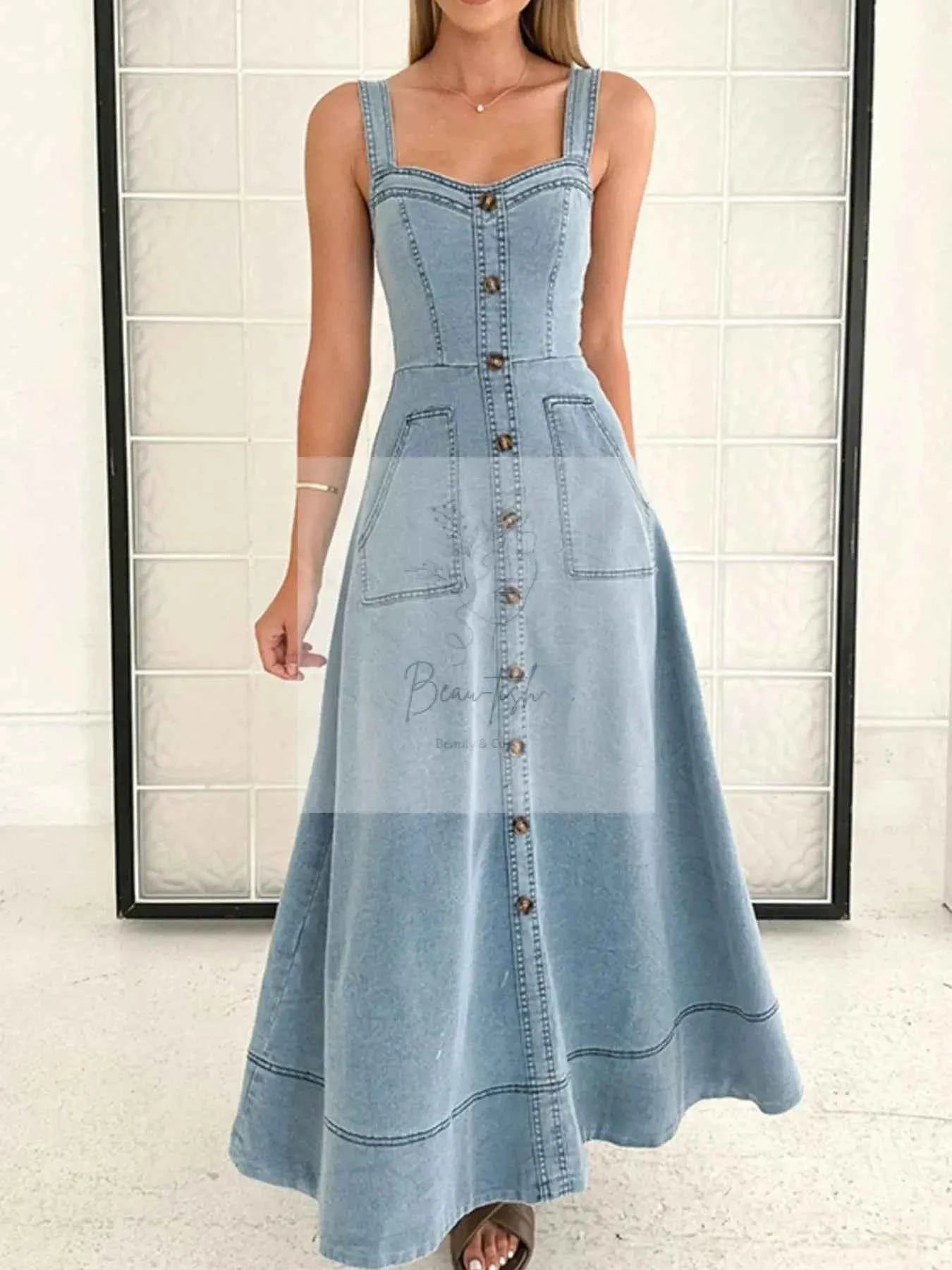 Wide Strap Sweetheart Neck Denim Dress