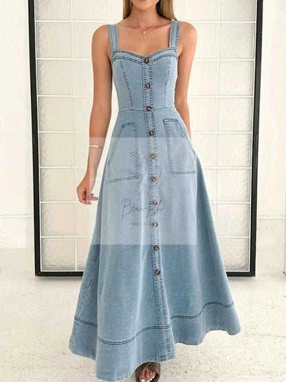 Wide Strap Sweetheart Neck Denim Dress