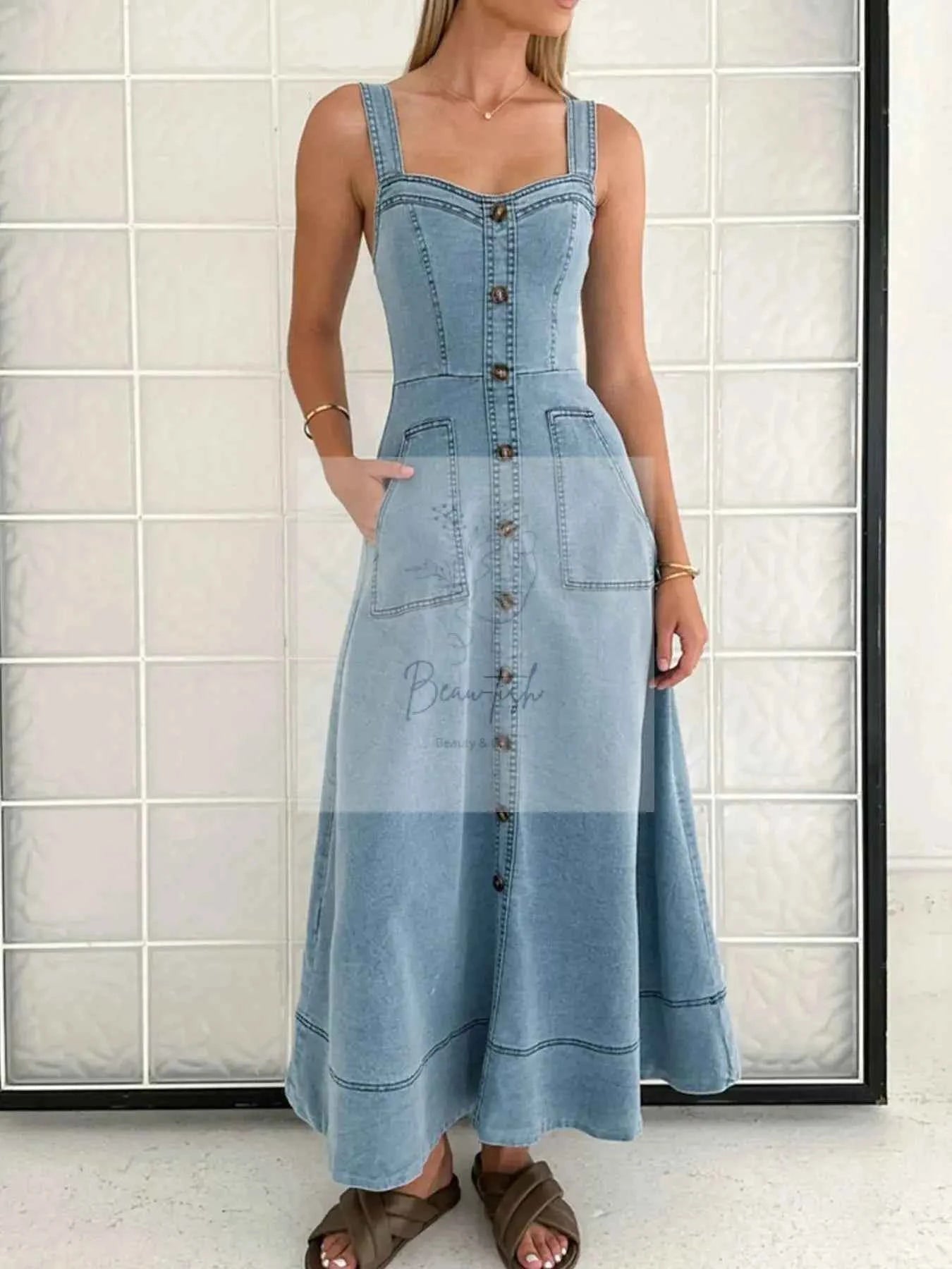 Wide Strap Sweetheart Neck Denim Dress