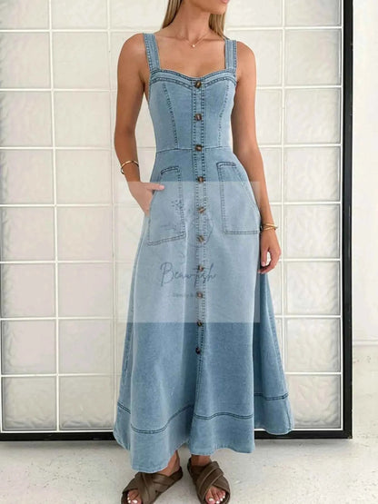Wide Strap Sweetheart Neck Denim Dress