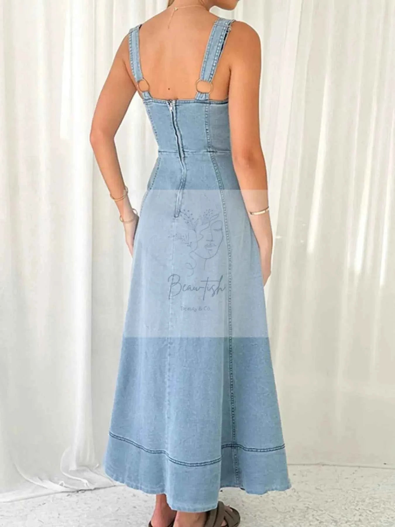 Wide Strap Sweetheart Neck Denim Dress
