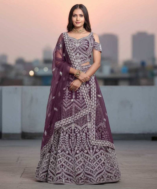 Wine Embroidered Net Lehenga Choli Set