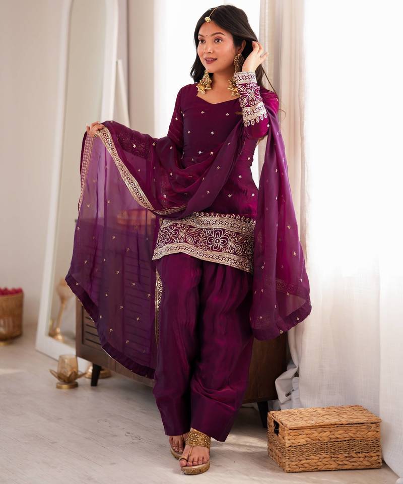 Wine Embroidered Patiala Suit with Dupatta