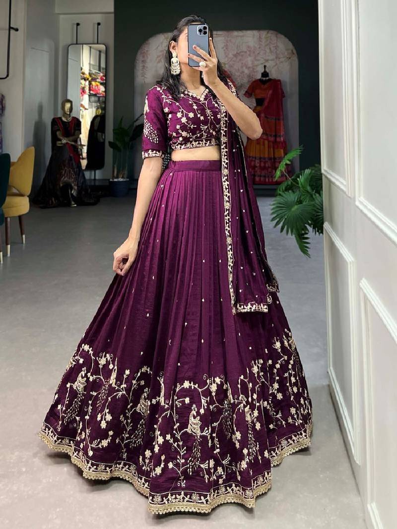 Wine Sequin Silk-Blend Lehenga Choli Set