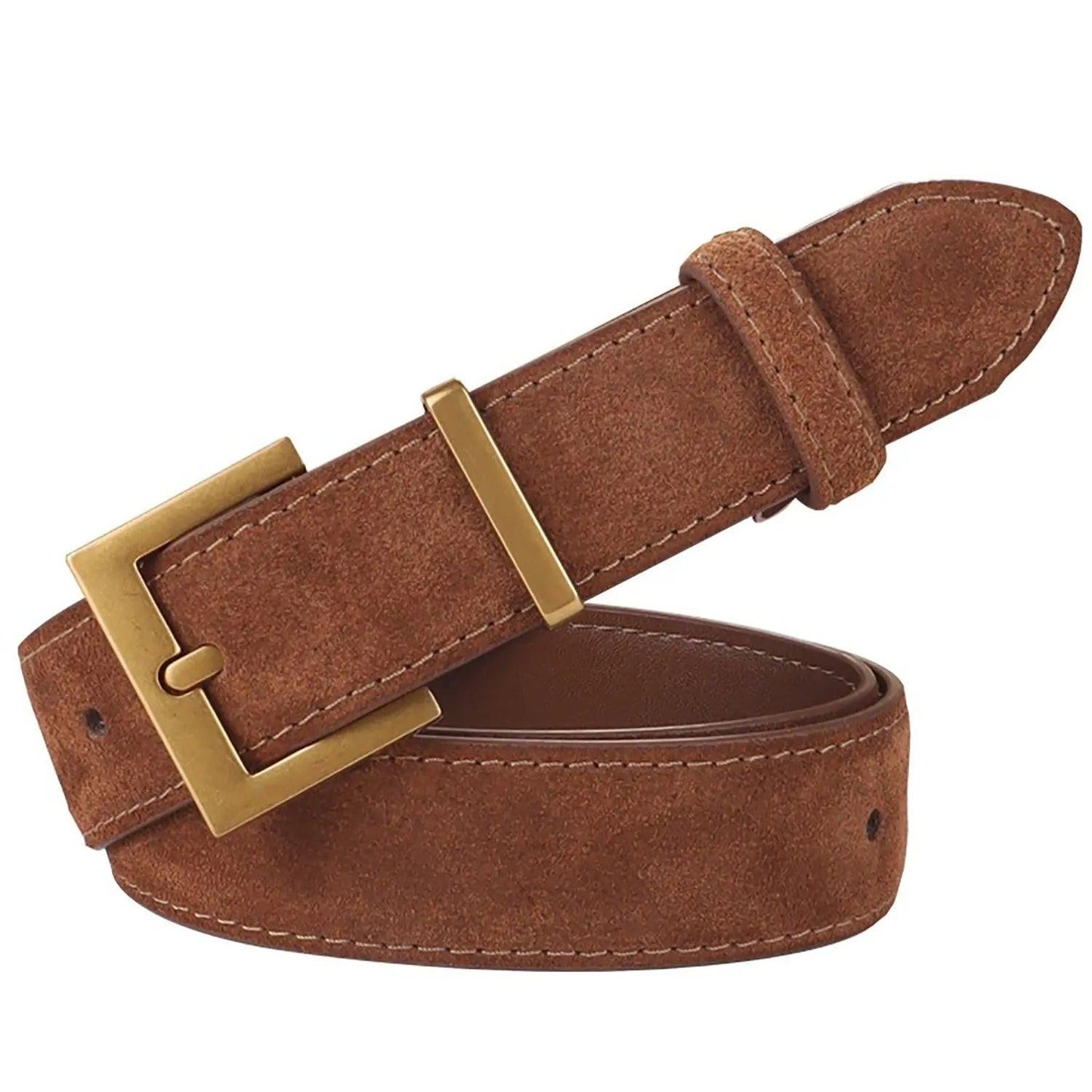 Women's Genuine Suede Leather Belt Classic Pin Buckle Cowhide Belts (Caramel)