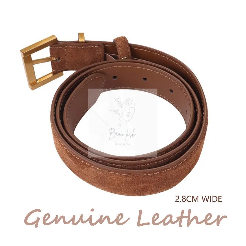 Women's Genuine Suede Leather Belt Classic Pin Buckle Cowhide Belts (Caramel)