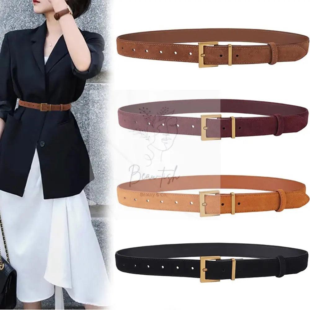 Women's Genuine Suede Leather Belt Classic Pin Buckle Cowhide Belts (Caramel)