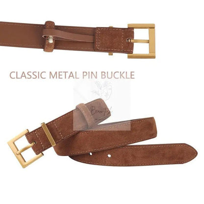 Women's Genuine Suede Leather Belt Classic Pin Buckle Cowhide Belts (Caramel)