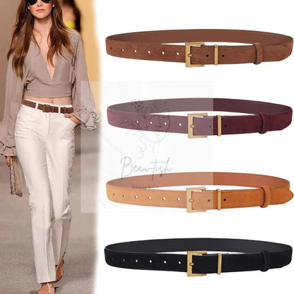 Women's Genuine Suede Leather Belt Classic Pin Buckle Cowhide Belts (Caramel)