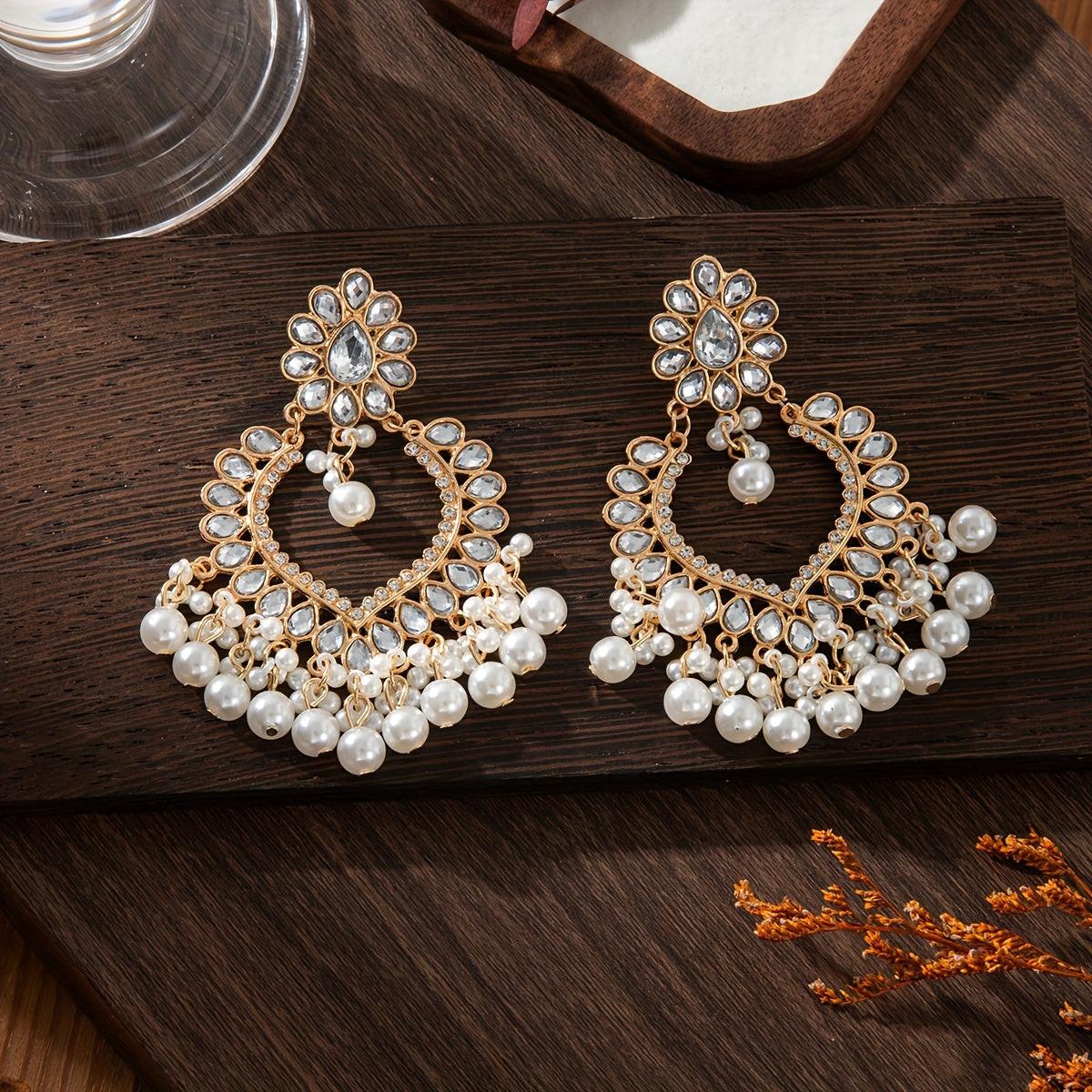 Women's Vintage Elegant Heart-Shaped Dangle Earrings, Large Beads & Golden-Tone Accents, Long Wedding Jewelry