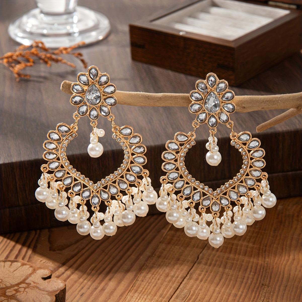 Women's Vintage Elegant Heart-Shaped Dangle Earrings, Large Beads & Golden-Tone Accents, Long Wedding Jewelry