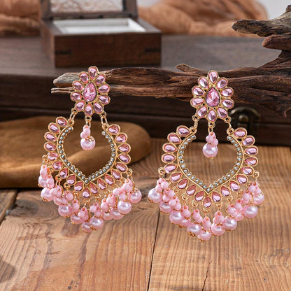 Women's Vintage Elegant Heart-Shaped Dangle Earrings, Large Beads & Golden-Tone Accents, Long Wedding Jewelry
