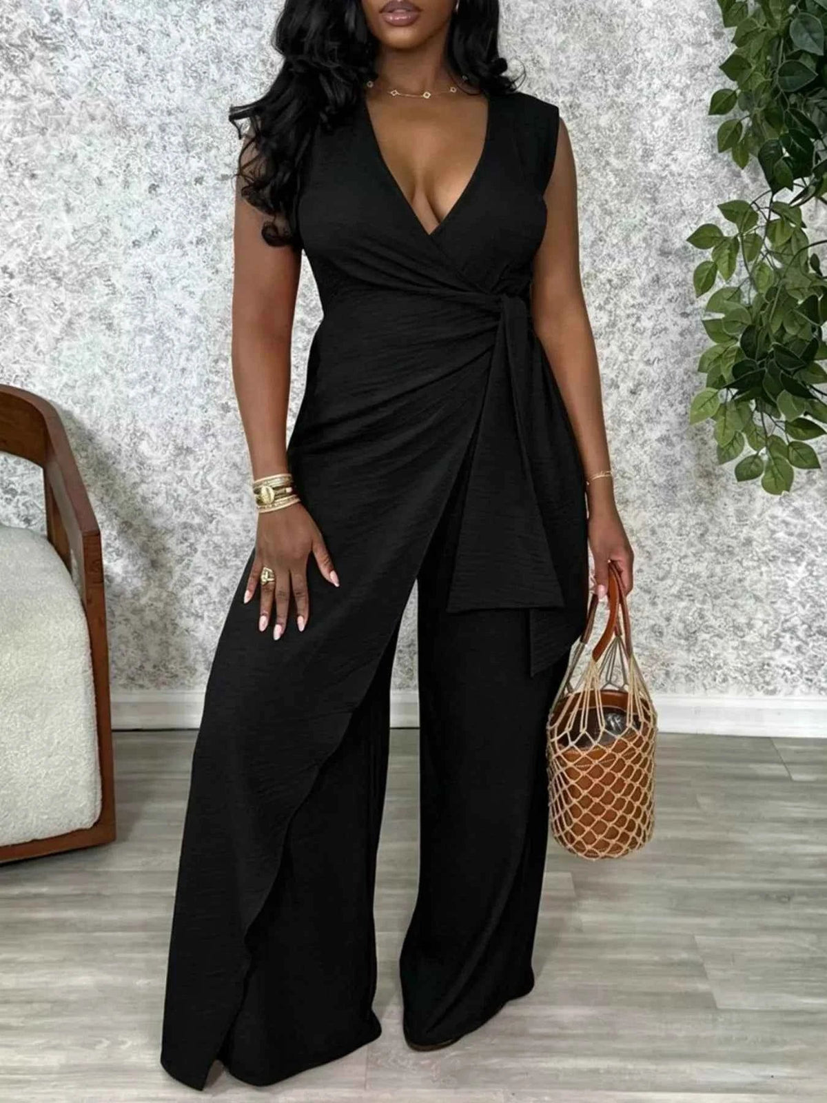 Wrap Front Wide Leg Jumpsuit