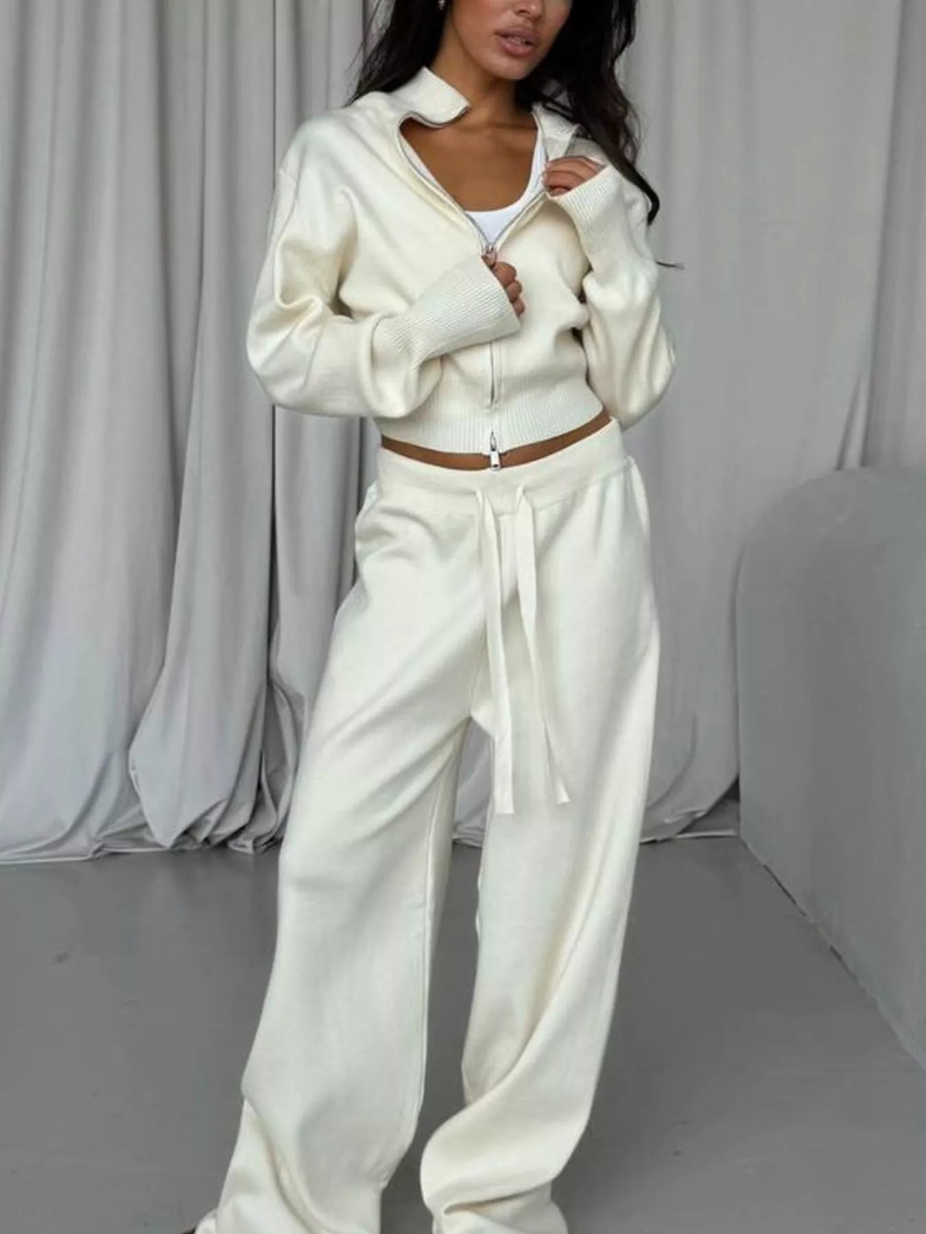 Zip - Up Outerwear and Drawstring Pants Set